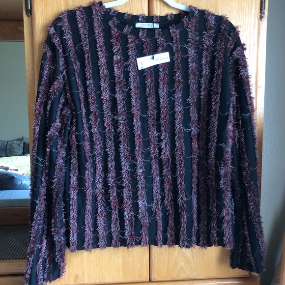 NWT! Zara eyelash fringe wine striped black long sleeve tee. Size S - Picture 5 of 7
